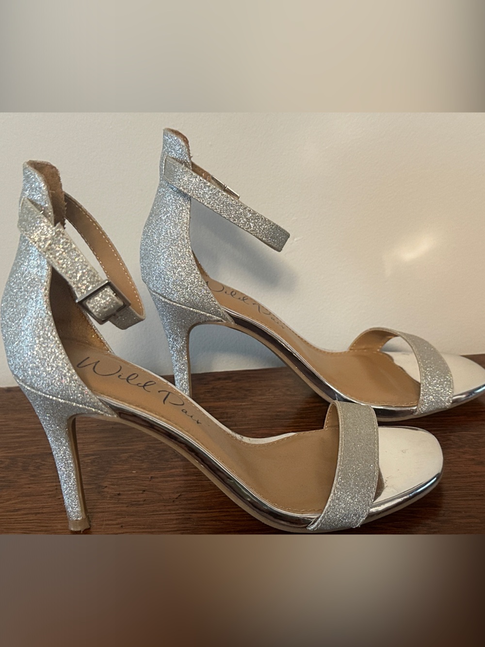 Silver Glitter High Heel Sandals with Ankle Strap